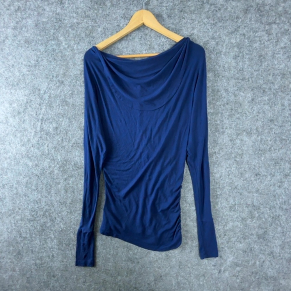 Guess by Marciano Top Womens Small Blue Long Sleeve Draped Cowl Neck Ruched Soft